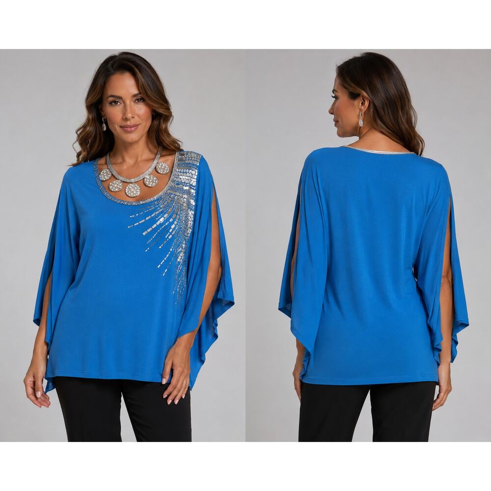 Cache Aqua Lined Dolman Sleeve Top Embellished Stretch Split Sleeve $108 NWT SzL